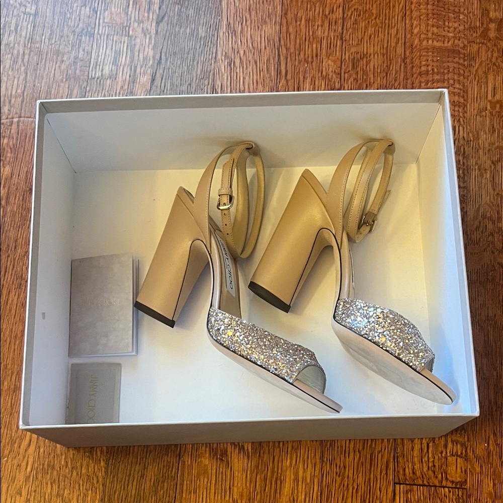 Jimmy Choo Glitter Strap Block Heels in Tan